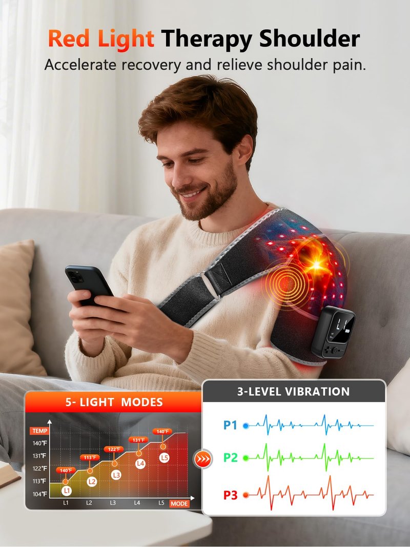 Red Light Therapy for Shoulder with Heat & Massage 5000mAh Cordless Near-Infrared Light Therapy Wrap, 216 Beads 660nm & 850nm Shoulder Brace for Men Women Portable Pad Last 90-380mins