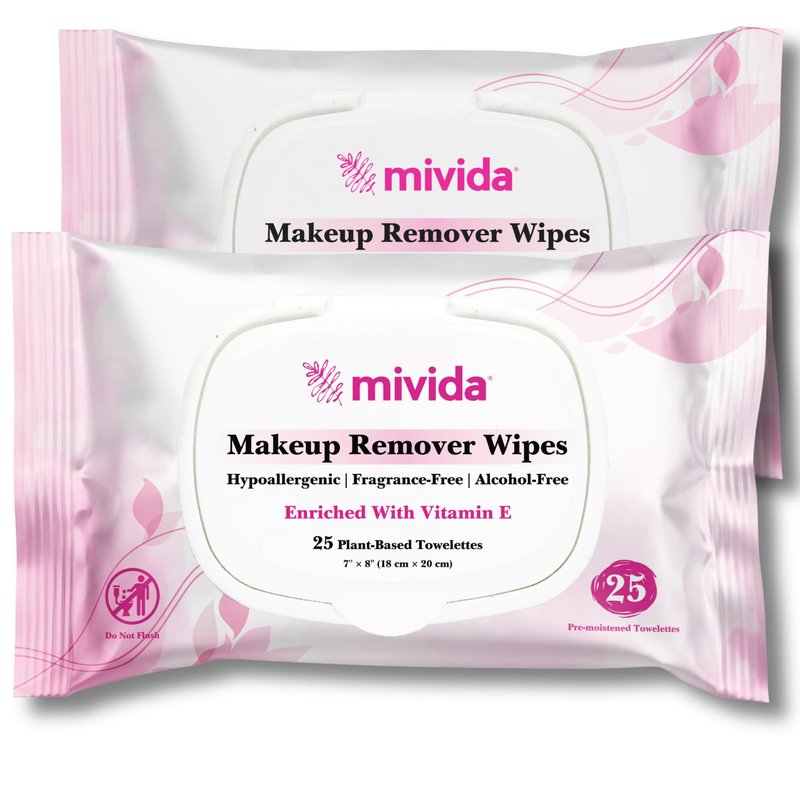 mivida Hypoallergenic Makeup Remover Wipes With Vitamin E, Dermatologist Tested, Alcohol Free & Fragrance Free Makeup Wipes For Sensitive Skin Make Up Remover, Travel Friendly 2 × 25 Count