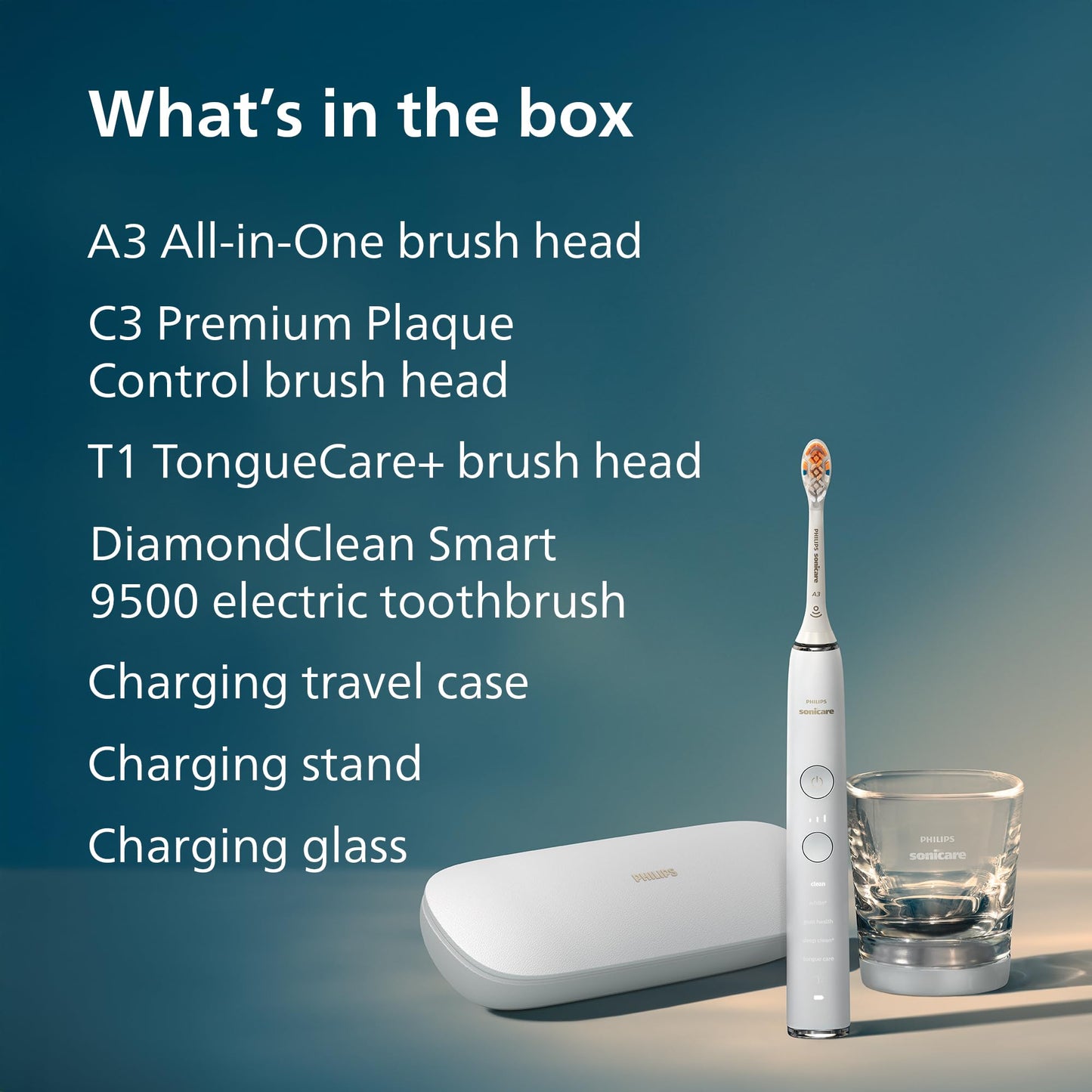 Philips Sonicare DiamondClean Smart 9500 Electric Toothbrush - Sonic Toothbrush with App, Pressure Sensor, 15 Brushing Settings, Replacement Reminder, USB Charging Travel Case, White, Model HX9923/01