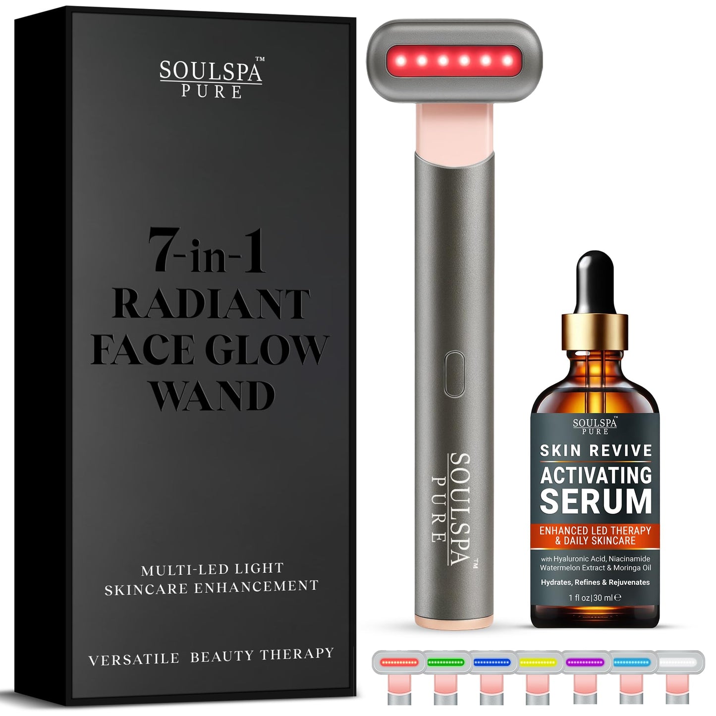 Soulspa Pure 7 in 1 LED Light Wand for Face, Neck & Eye – Silver with Activating Serum | Multifunctional Skincare Tool for Home Use