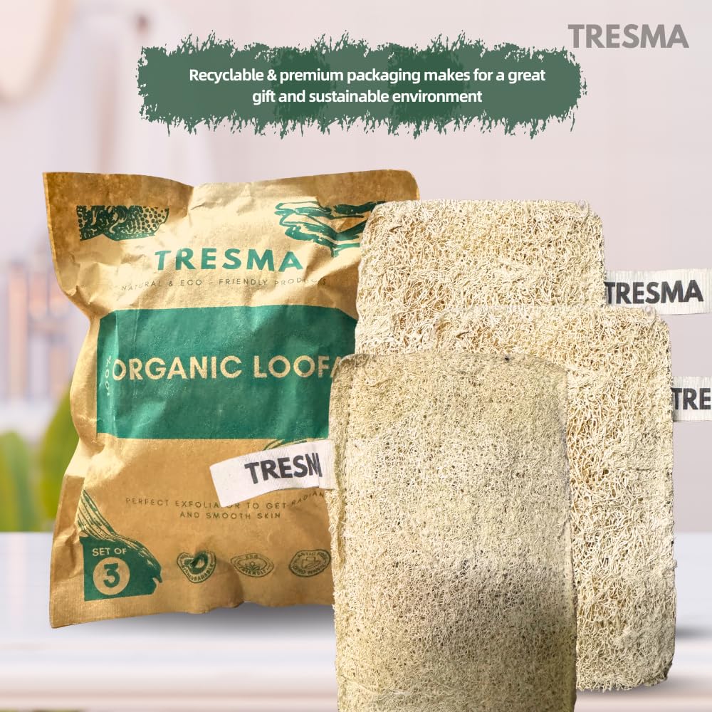 Natural Loofah Body Sponge, Plant-Based Exfoliating Scrubber for Men & Women, Rectangle Organic Loofahs for Deep Cleansing & Skin Smoothing (3 Pack)