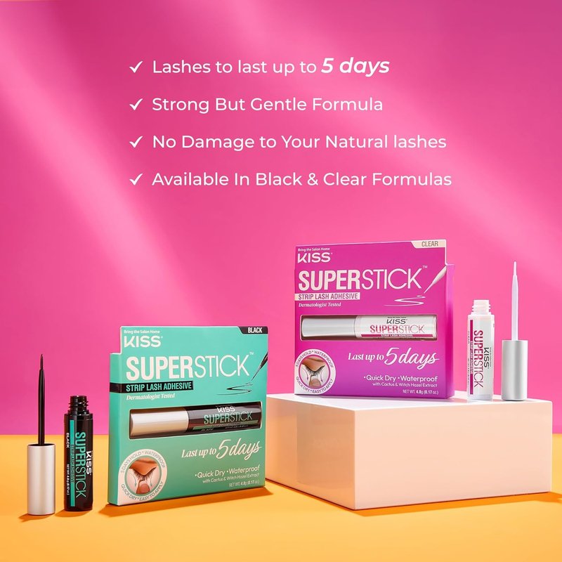 Kiss SuperStick Lash Adhesive - 5-Day Wear, Quick Drying, Witch Hazel & Cactus Extract | 4.8g Black