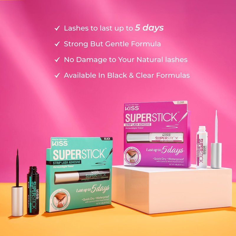 Kiss SuperStick 5-Day Extended Wear Strip Lash Adhesive, Quick Drying Lash Glue, Witch Hazel & Cactus Extract Infused, Brush Applicator, Net Wt. 4.8g (0.17 oz.), Clear