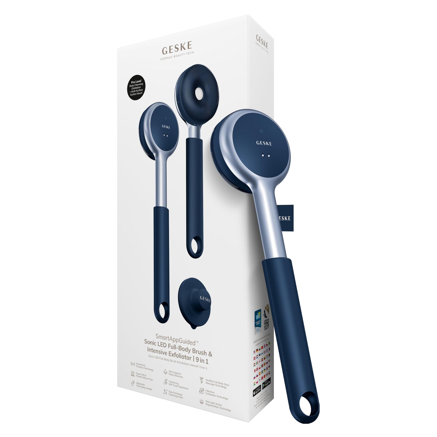 GESKE LED Sonic Full-Body Brush | 9 in 1 | Body Cleansing Brush & Intensive Exfoliator with LED | with SmartSonic Pulsations | Expert Deep Cleansing & Massage | Rough Skin Remover | Adjustable Handle