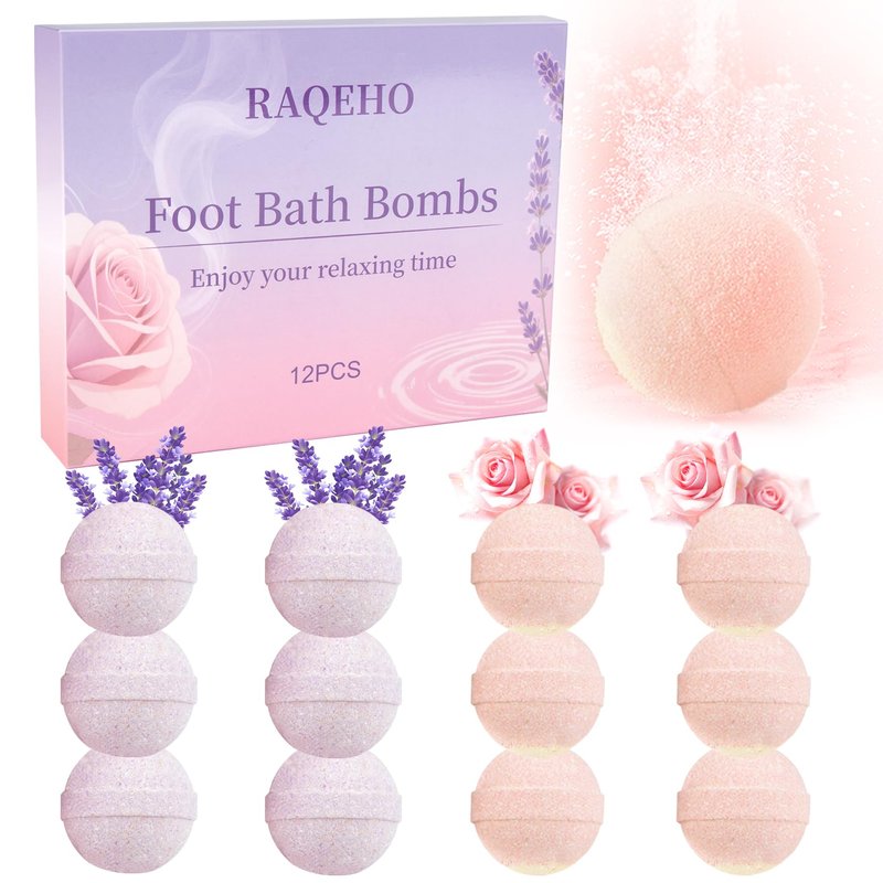RAQEHO 12PCS Foot Bath Bombs - Rose Lavender Aromatherapy Foot Bath Soak Individually Wrapped with Sea Salt for Dry Cracked Feet Softener Exfoliator Odor Home Spa Essentials Pedicure Supplies
