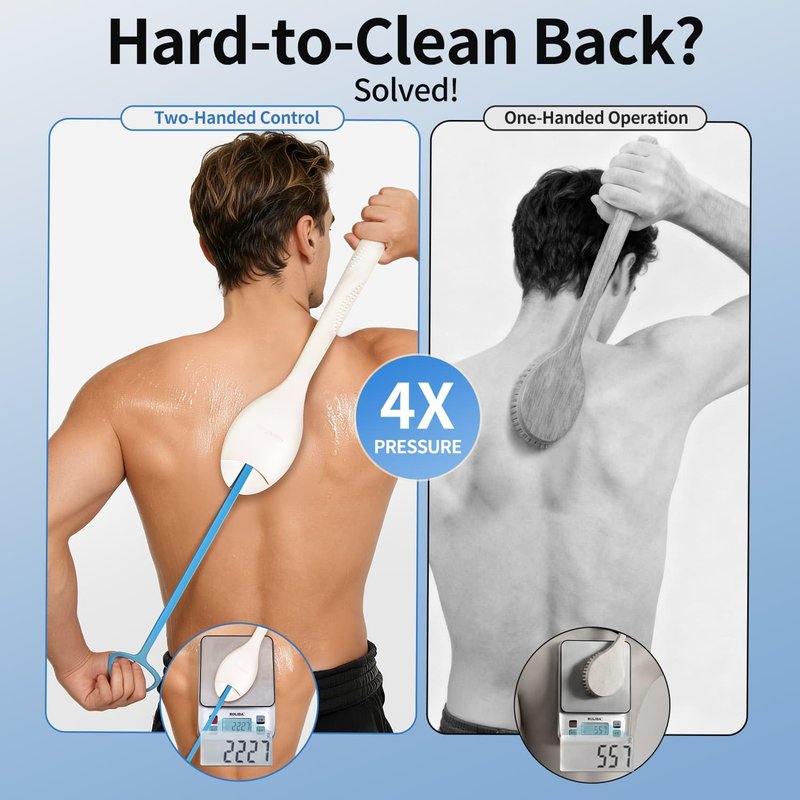 BUBBLEDANCE® Extendable Silicone Back Scrubber (17.5" to 32") – 2-Hand Grip for 4X Power, Curved Stiff Bristles, Non-Slip Long Handle Shower Brush for Deep Exfoliation - White (Stiff Bristles)