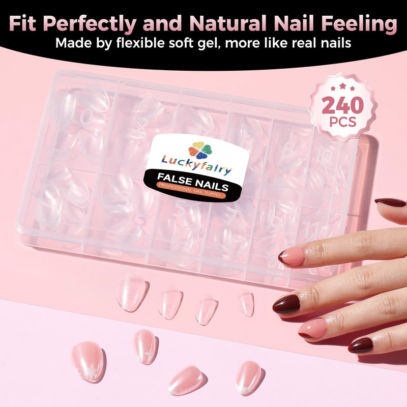 Luckyfairy Almond Nail Tips - 240pcs Soft Gel Pre-Shaped Acrylic Full Cover Nails | 12 Sizes Available