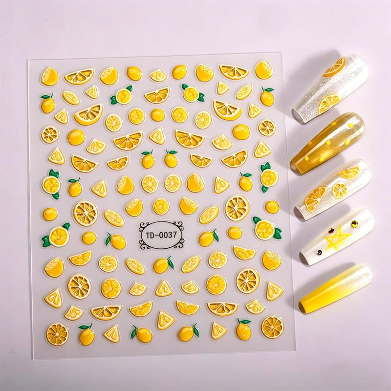 2Pcs Lemon Nail Stickers 5D Embossed Summer Fruit Slice Nail Decals DIY Glossy Yellow Lemon Nail Art Stickers Cute Cartoon Fun Adhesive Sliders Acrylic Nails Supply for Women Home Manicure