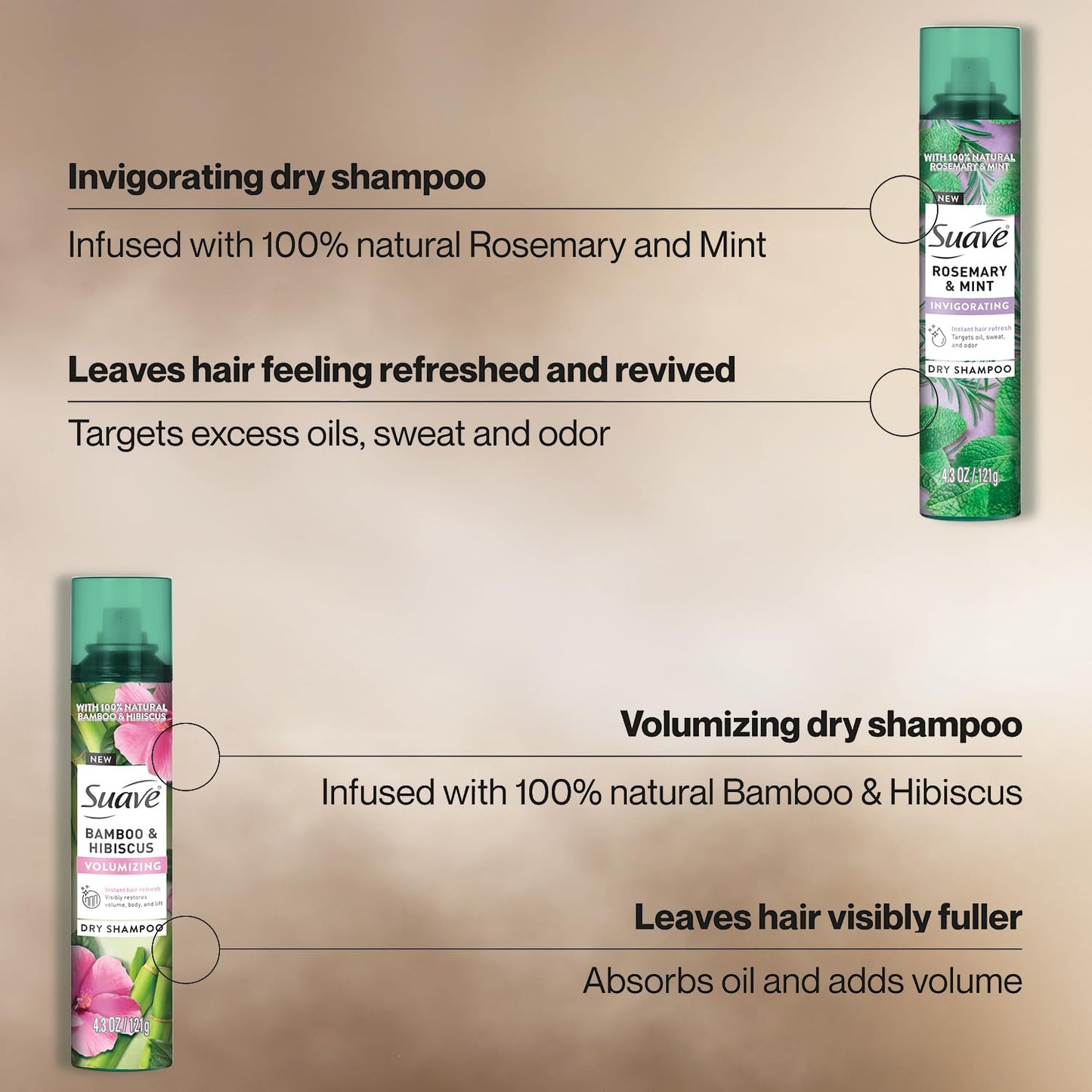 Suave Dry Shampoo Spray Variety Pack - Invigorating Rosemary & Mint + Volumizing Bamboo & Hibiscus | 4.3 Oz Each