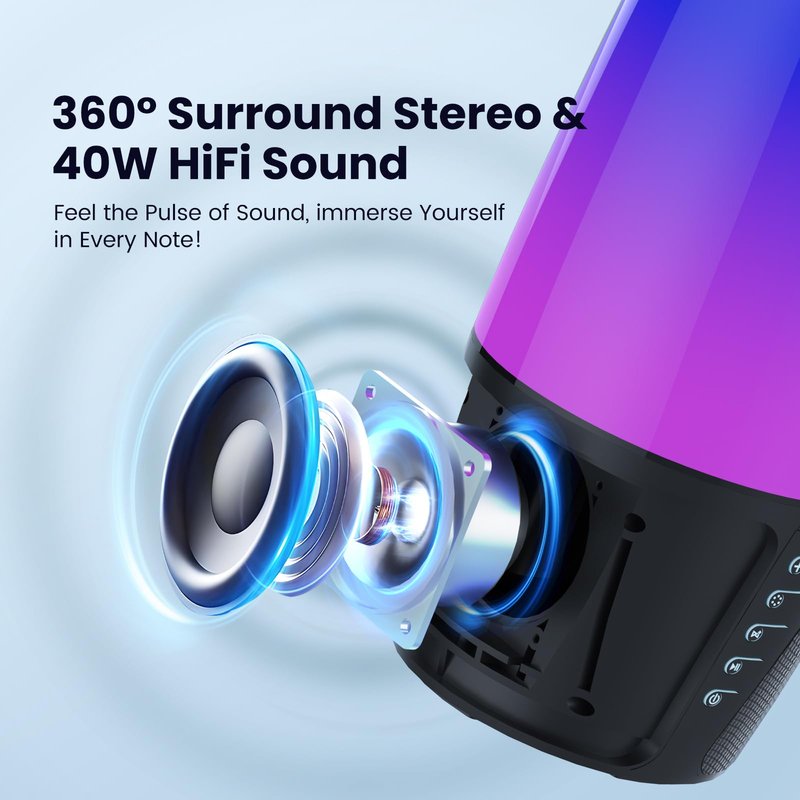 Ooyi Bluetooth Speaker with Lights 40W 360° Stereo, Bluetooth 5.3 (100ft), IPX6 Waterproof, 9 Color LED, 12H Playtime (5600mAh) - Home/Outdoor/Party/Beach, Ideal Birthday (Colorful)