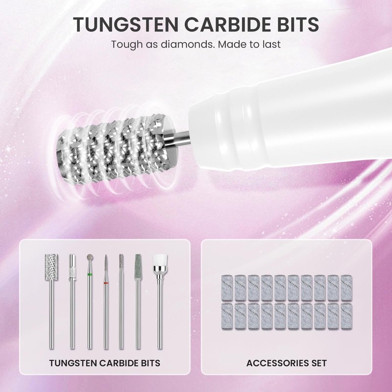Lavinda Professional Nail Drill - 35,000 RPM Rechargeable Electric Nails File with Cordless Motor, Fast Charge & 3000mAh, 8-Piece Nail Drill bits Set for Manicure/Pedicure (Sparkling Pink)