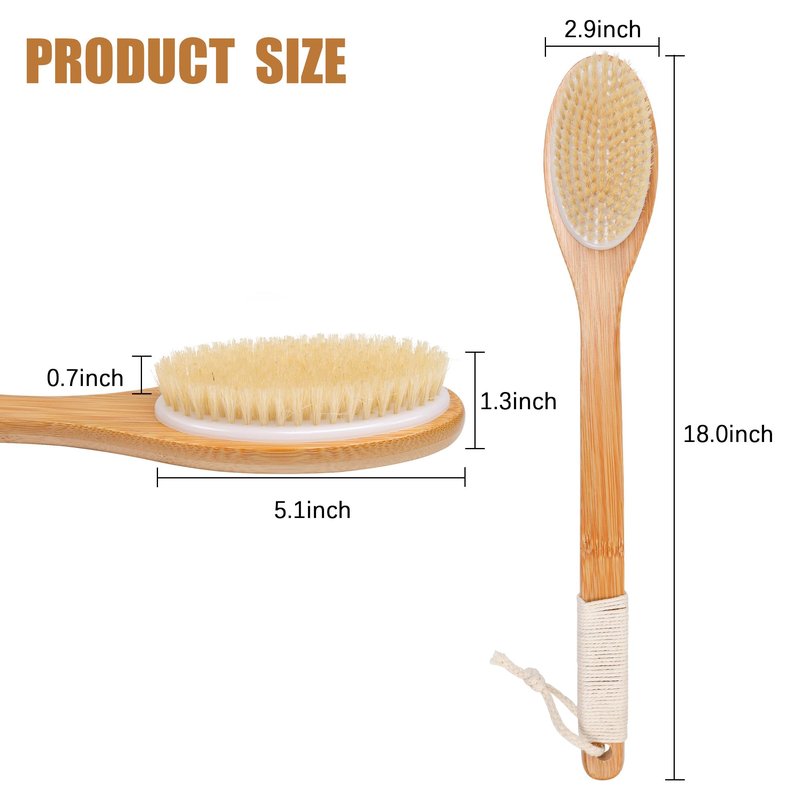 OWIIZI Bath Brush Bamboo Curved Long Handle Antiskid Body Brush for Exfoliating, Natural Bristles Shower Scrubber for Back Use Wet or Dry,Back Scrub Deep Cleanse-17.9inches