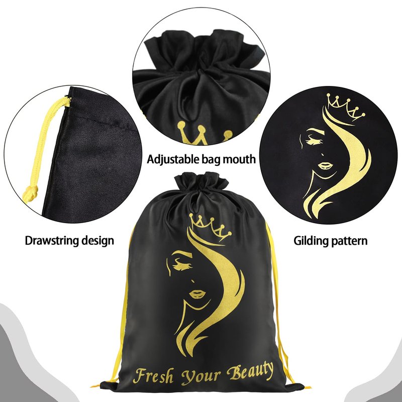 AIHOPESTO Silk Satin Pouches with Drawstring - Soft Hair Packaging Bags for Bundles, Wigs, Tools & Salon Use (6 PCS Black)