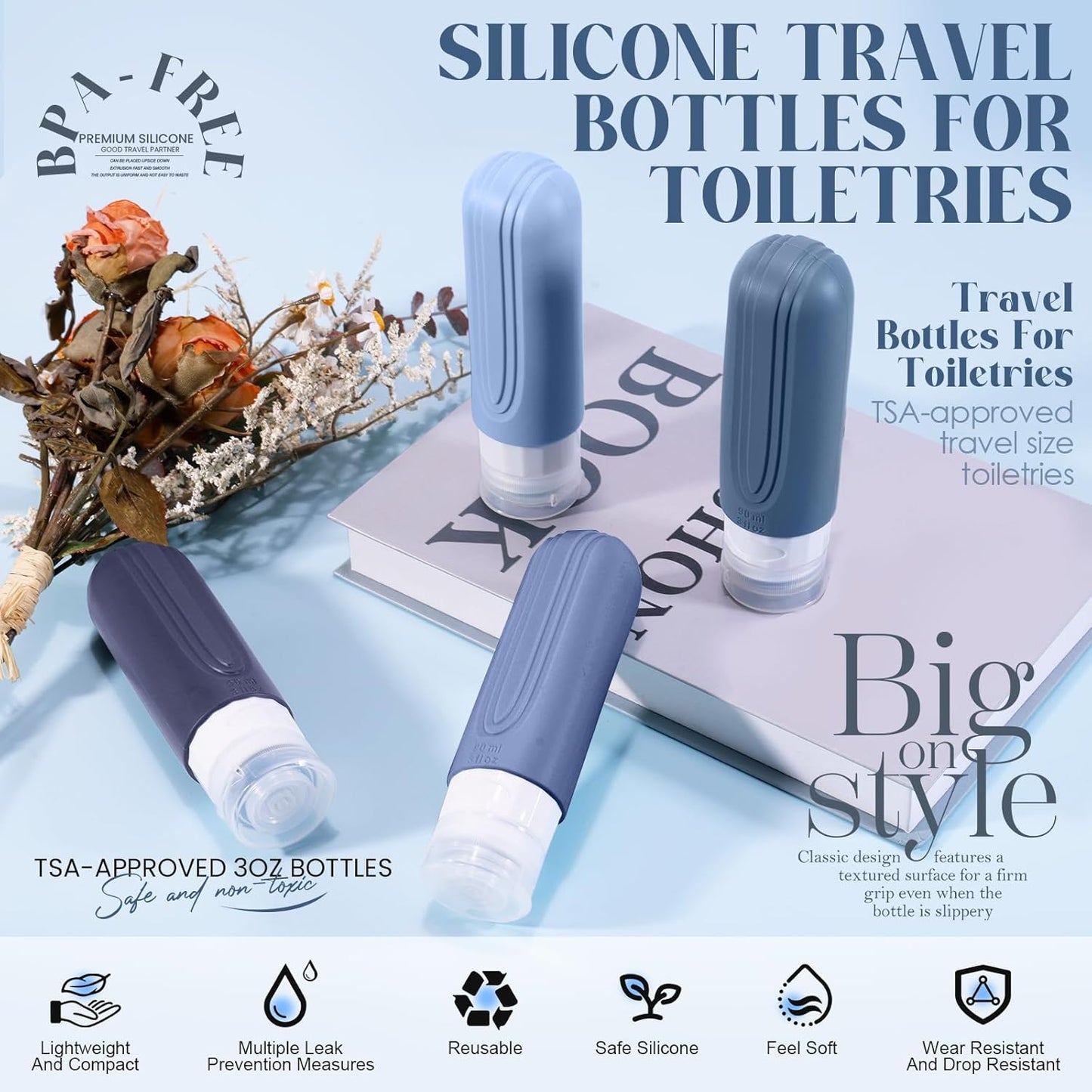 Skiennix Travel Bottles - 3oz TSA Approved Silicone Leak-Proof Containers | Blue Refillable Essentials