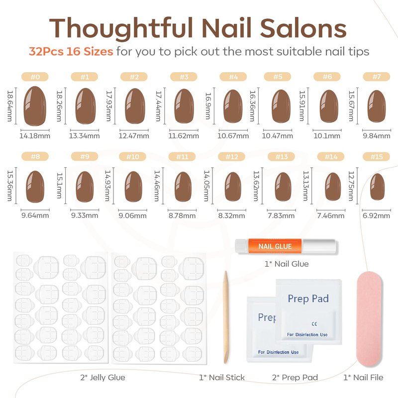 modelones Brown Press on Nails Short, Oval Fake Nails Kit Press Ons with Nail Glue, Adhesive Tabs, Nail File, Prep Pad, Manicure Stick, 32Pcs 16 Sizes