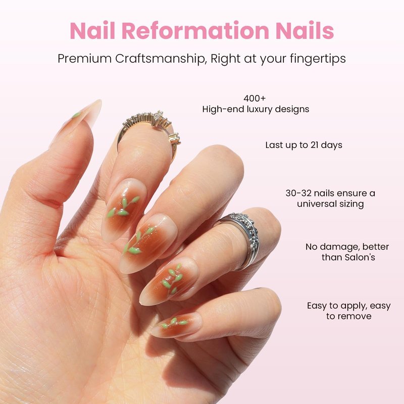 Nail Reformation Press On Nails, Rose Gold Foil Medium Almond Fake Nails in Brown Blush Shimmer with Glossy Finish, Reusable Stick On False Nails in 15 Sizes - 30 Nail Kit with Glue, Gifts for Women