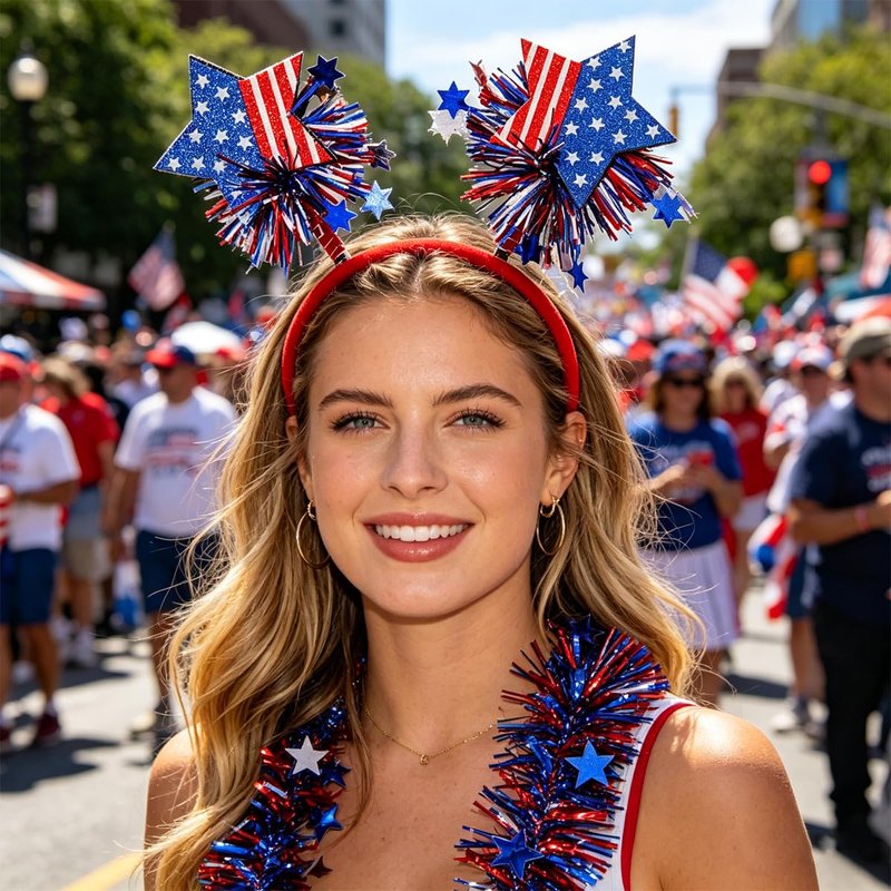 PODUOJIEYI 250th Anniversary Independence Day Headband Red White Blue American Flag Star Head Boppers with Glitter Tassel 4th of July Hair Accessories for Women Patriotic Party Favors