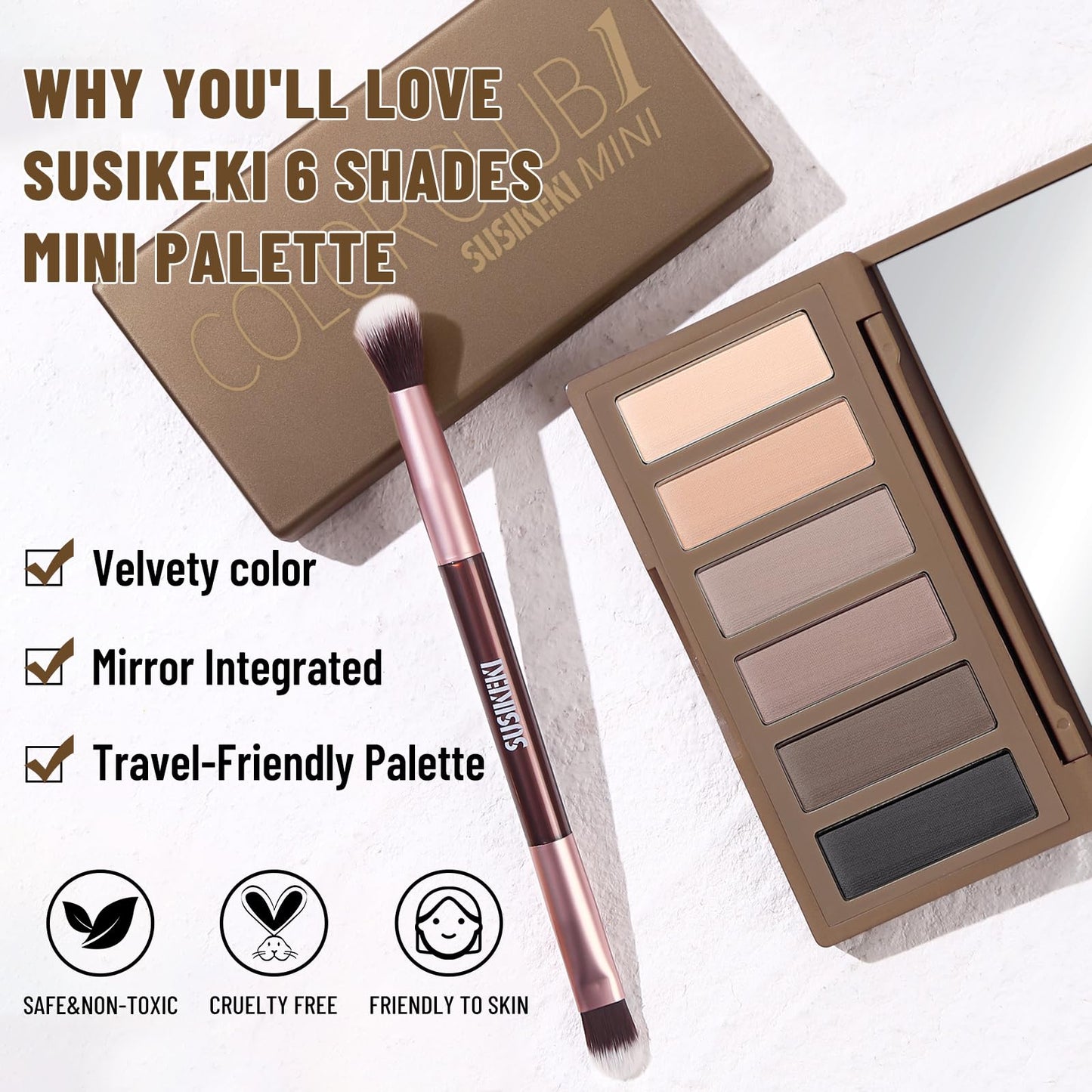 SUSIKEKI Neutral Nude Matte Eyeshadow Palette with Brush - 6 Colors Mini Travel Size, Highly Pigmented Taupe & Brown Smoky Eye shadow, Long Lasting Vegan Makeup Palette for Daily Use