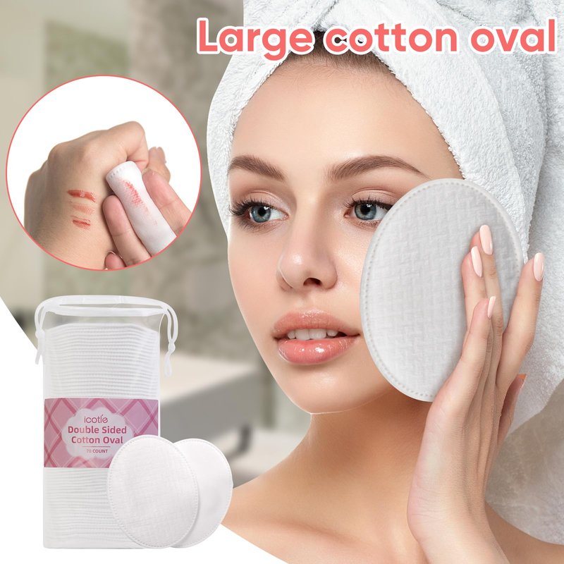 ICOTLE Large Oval Cotton Pads, 70 Count, 3-Layer, Dual Textured Design, Lint-Free, Ultra-Soft Cotton Oval for All Skin Types Cotton Pads for Makeup Removal, Cleansing, Skin Care etc.