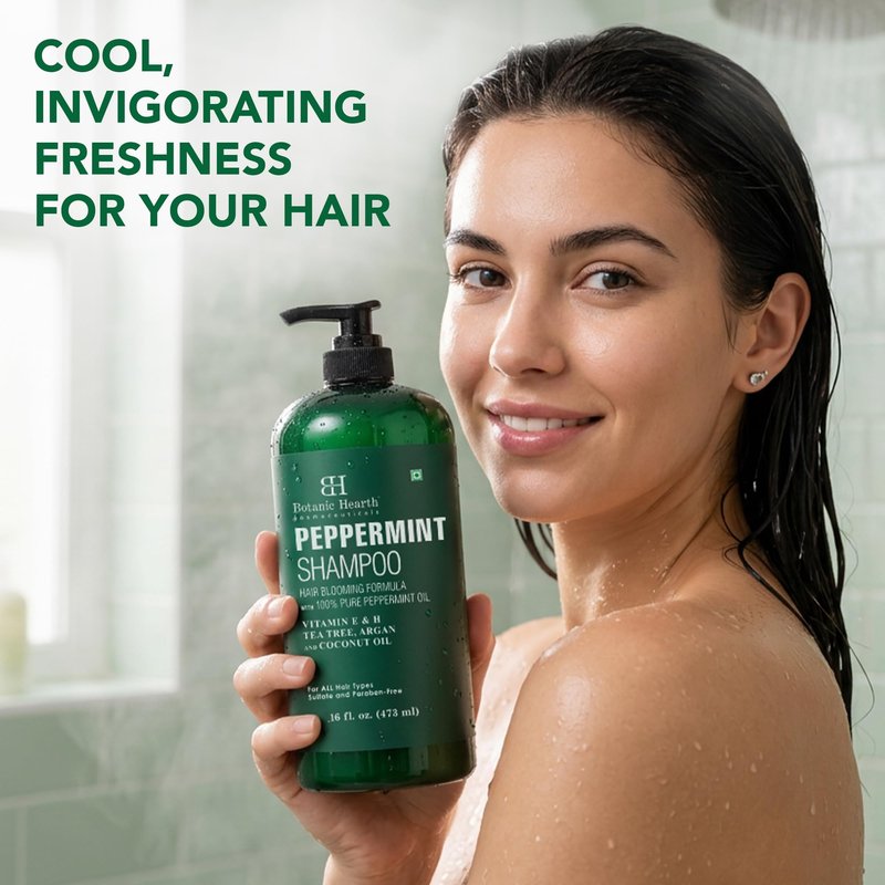 Botanic Hearth Peppermint Oil Shampoo | Hair Blooming Formula With Keratin For Thinning Hair | Fights Hair Loss, | Sulfate Free For Men And Women | 16 Fl Oz