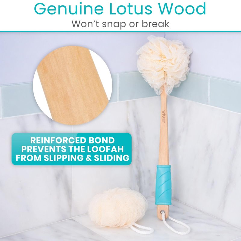 Vive 17” Shower Loofah with Long Handle - Exfoliating Back & Body Scrubber for Men & Women - Luffa Sponge on a Stick for Bathing, Cleaning - Includes Extra Handheld Lufa, Hook & String to Hang on Wall