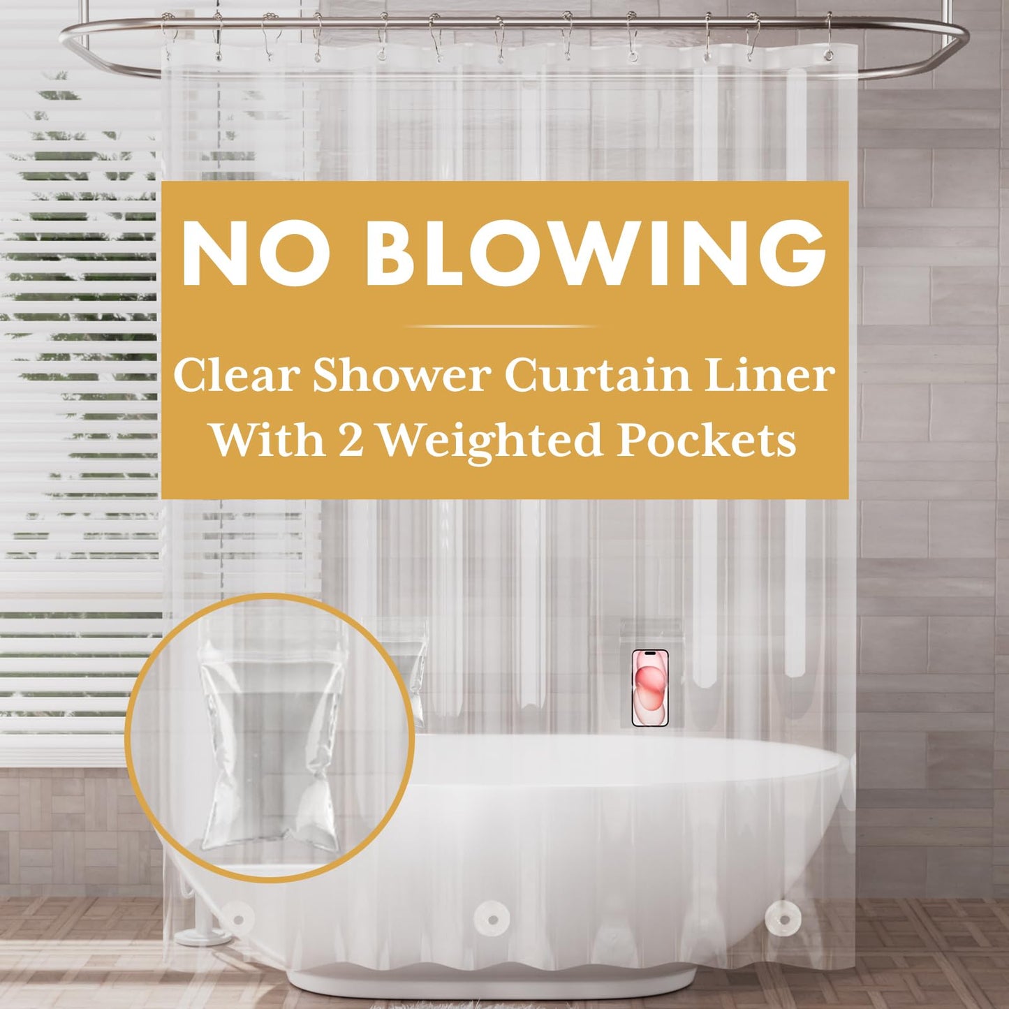 AmazerBath Extra Long Shower Curtain Liner with 2 Weights Pockets, 72x84 Inch Innovative No Blowing Waterproof Clear Plastic Shower Liner with 2 DIY Weighted EVA Pockets & 3 Magnets for Bathroom Stall