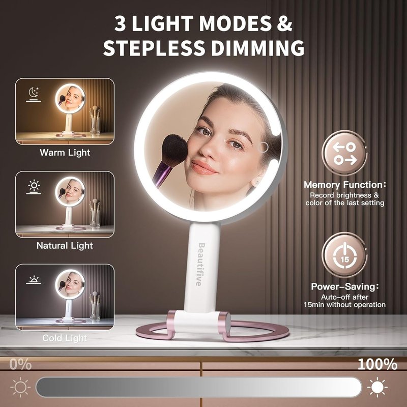7-Inch Magnifying Mirror with Light - Rechargeable Double-Sided 10X/1X Handheld Makeup Mirror | Pink with Stepless Dimming