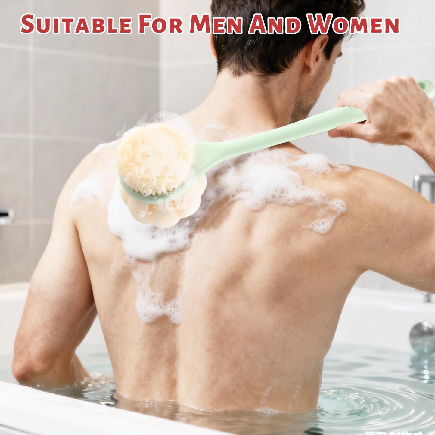 2 Pcs Double Sided Bath Brush Long Handled Shower Brush Massage Body Cleaning Mesh Sponge with Soft Bristles and Loofah for Skin Exfoliating Bath - Green