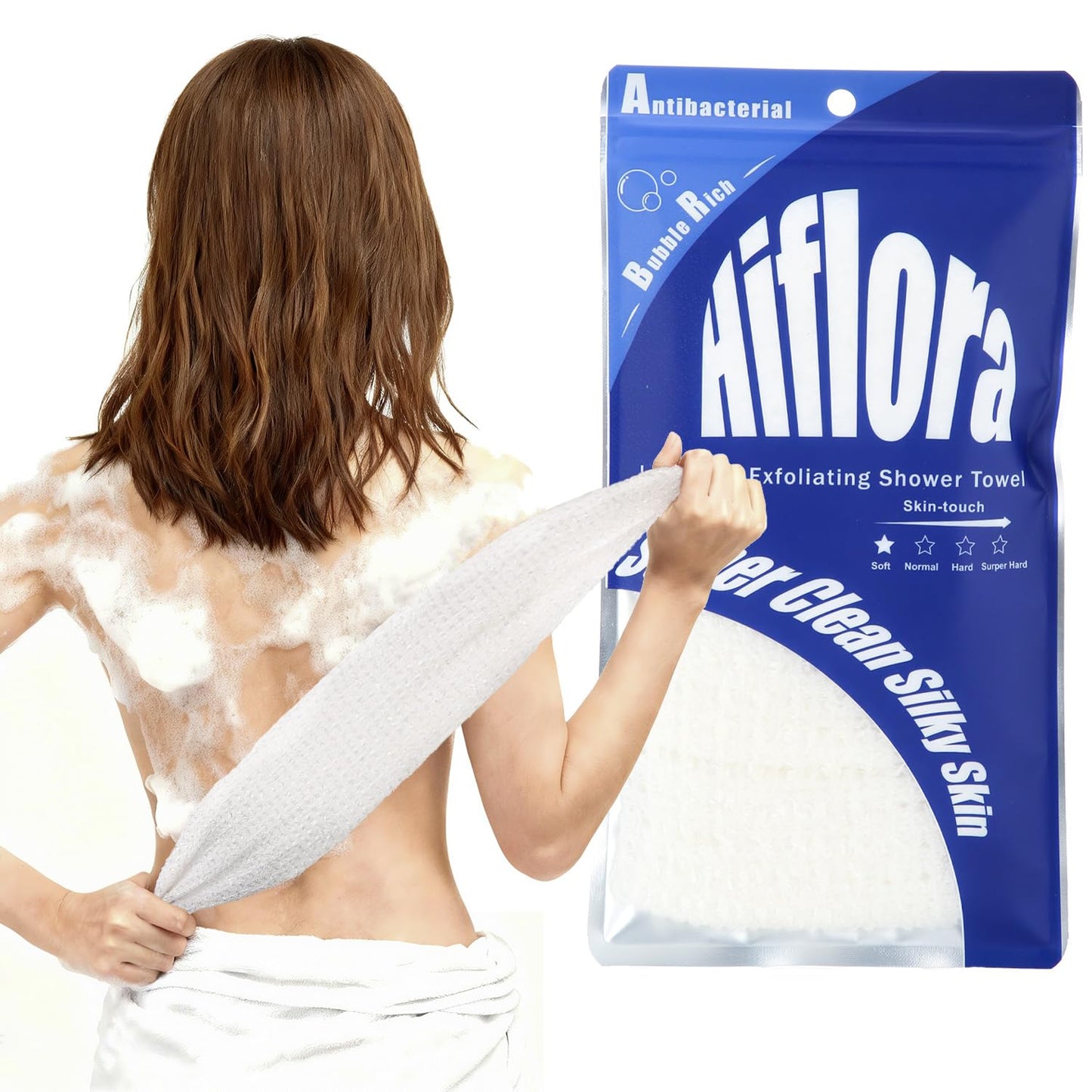 Hiflora 3D Wave Weave Japanese Exfoliating Washcloth, Long Exfoliating Back Scrubber for Shower, Gentle Body Scrub Towel, Korean Style, Cloud (Soft)