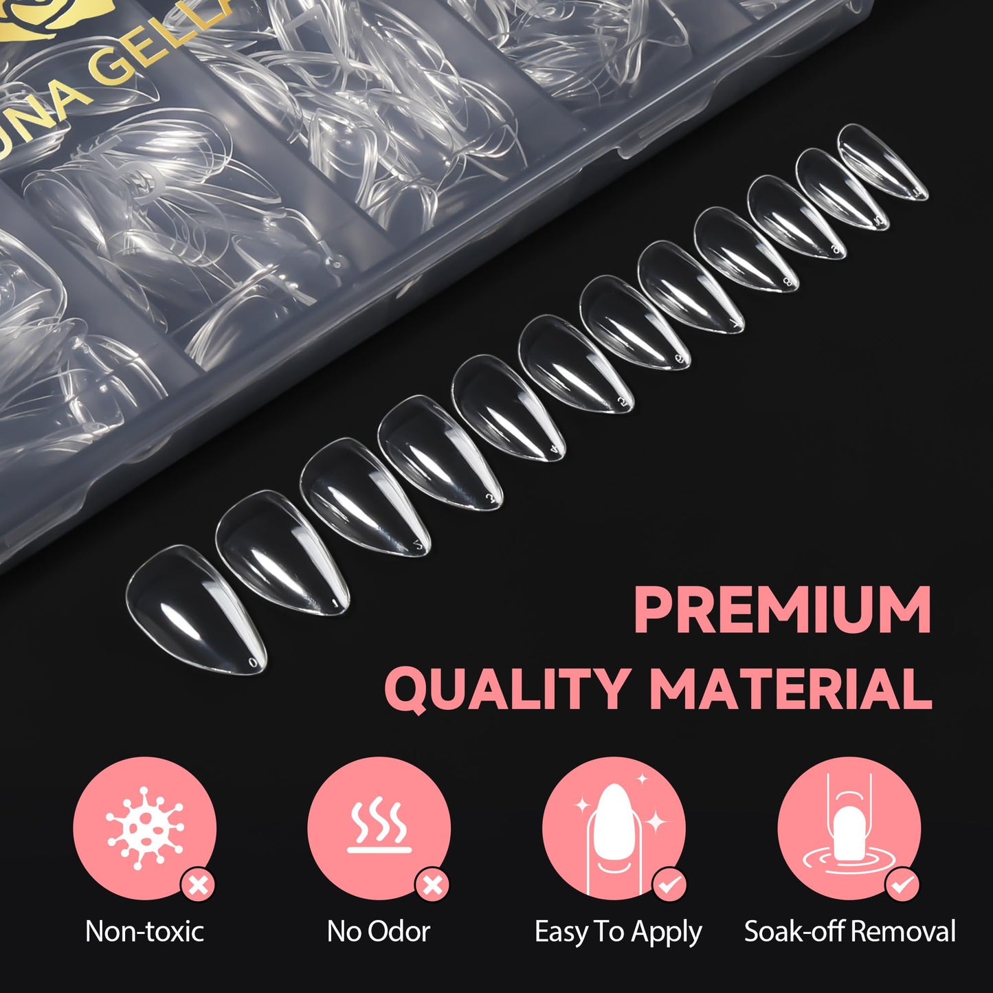 UNA GELLA Short Almond Nail Tips, 504PCS Long Lasting Short Almond Soft Gel Full Cover Nails Tips False Nails Clear Acrylic Gelly Tips for Acrylic Nail Extensions Press On Nails, 12 Sizes