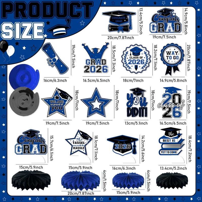 Graduation Decorations 2026 Blue Class of 2026 Congrats Grad Backdrop Door Banner Tablecloth Balloons Cake Topper Honeycombs Hanging Swirls for Graduation Party and High School College Celebrations