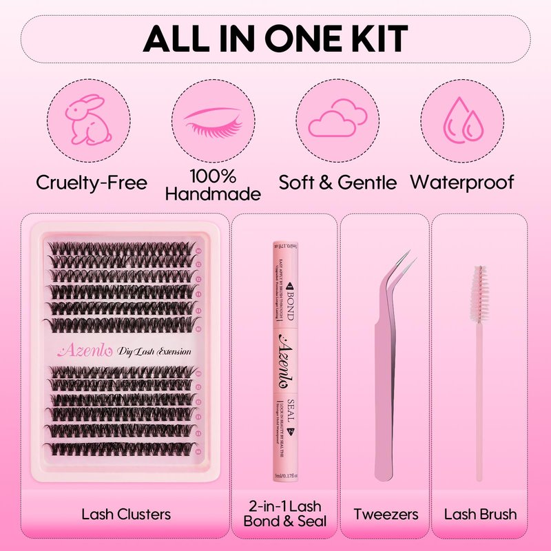 Azenlo Lash Extensions 40D+60D Cluster 240pcs DIY Wispy Lash Clusters 10-16mm Eyelash Clusters for Beginners At Home Individual Thin Band Lash Kit (40D+60D Kit)