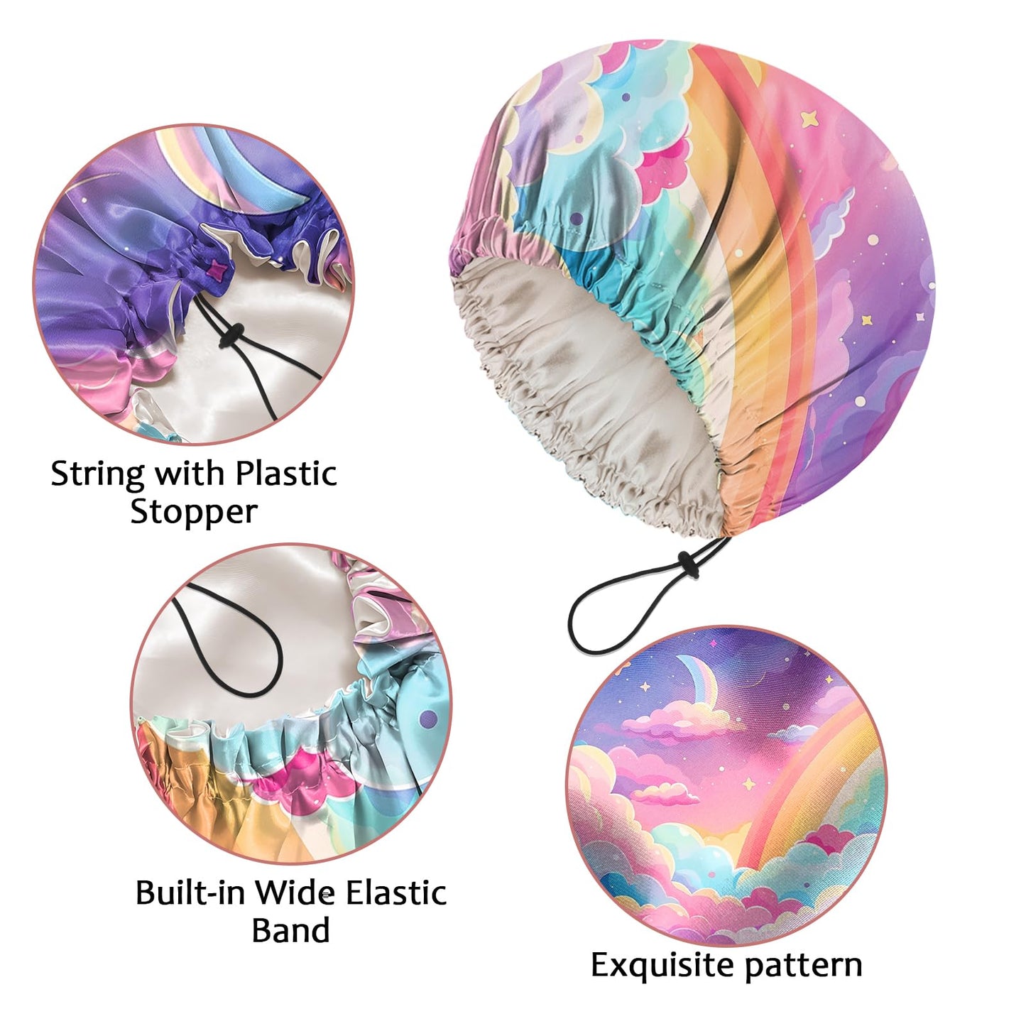 Cabreche Luxury Shower Cap Satin Silk Lined Adjustable Elastic Reusable Waterproof Shower Bath Cap Cute for Women Girls-Pink Cloud