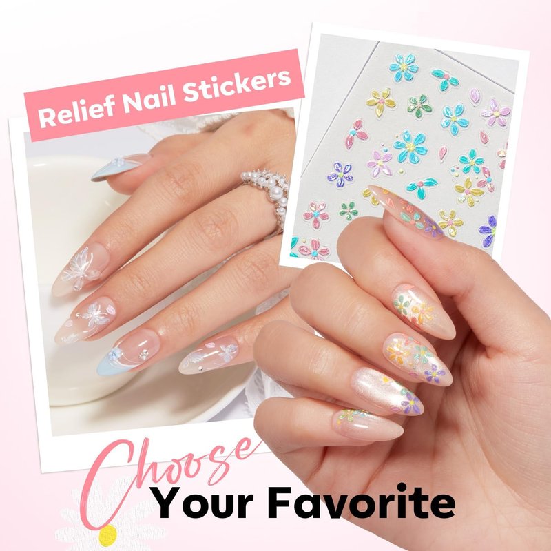 Modelones Flower Nail Stickers - 3D Embossed Colorful Floral Designs for Spring & Easter | 5 Pcs Set