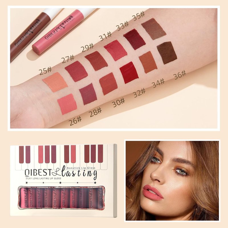 12Pcs Velvet Matte Liquid Lipstick Set - Waterproof Long-Lasting Nudes & Burgundy Shades | Perfect Gift for Women & Teens