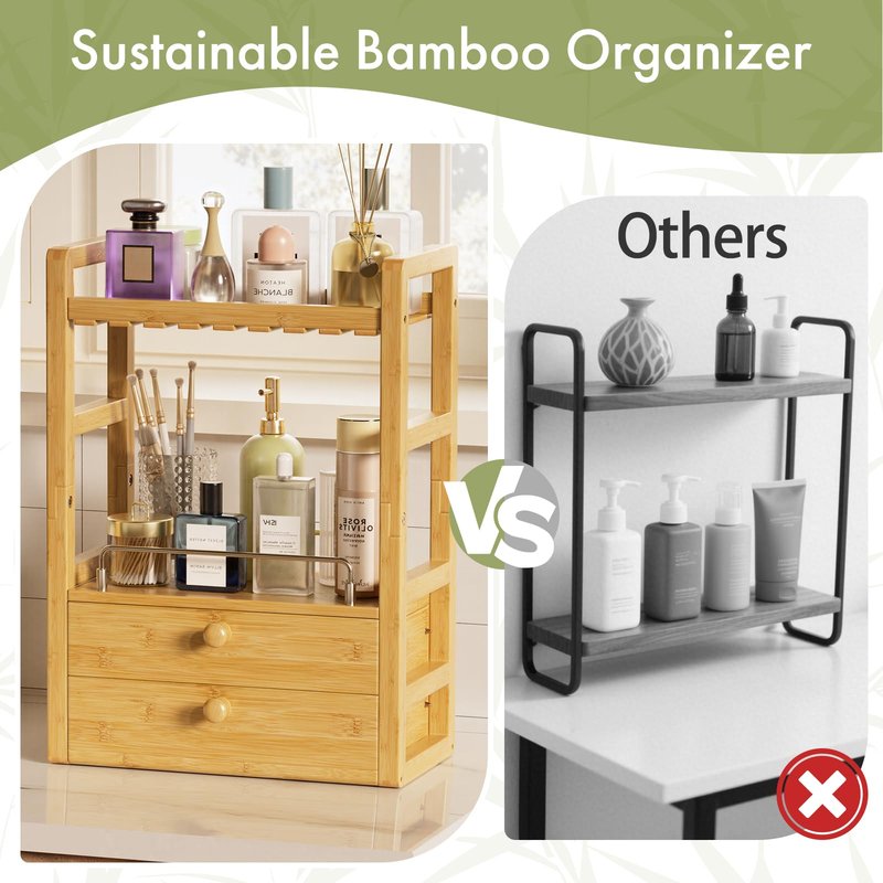 AmazerBath Bamboo Bathroom Countertop Organizer, 2-Tier Makeup Organizer with 2 Drawers, Vanity Organizer Storage Coffee Matcha Station, Compact Shelf for Bathroom Kitchen Office