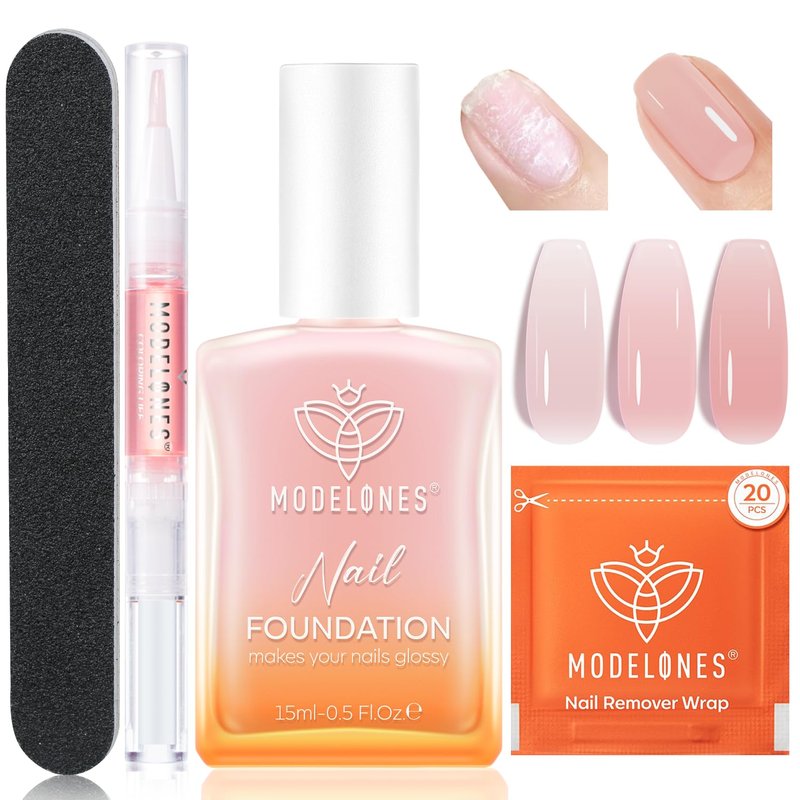 Modelones Nail Strengthener Kit - 23 Pcs Nail Care Set with Cuticle Oil & Polish Remover Pads | Grey & Pink