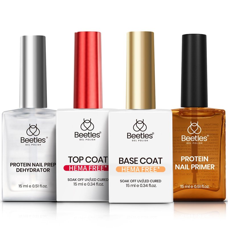 Beetles HEMA Free & TPO Free Protein Nail Dehydrator & Primer with Gel Top Coat and Base Coat Set Soak Off UV LED Gel Nail Polish Foundation Kit for Long Lasting Manicure Gifts