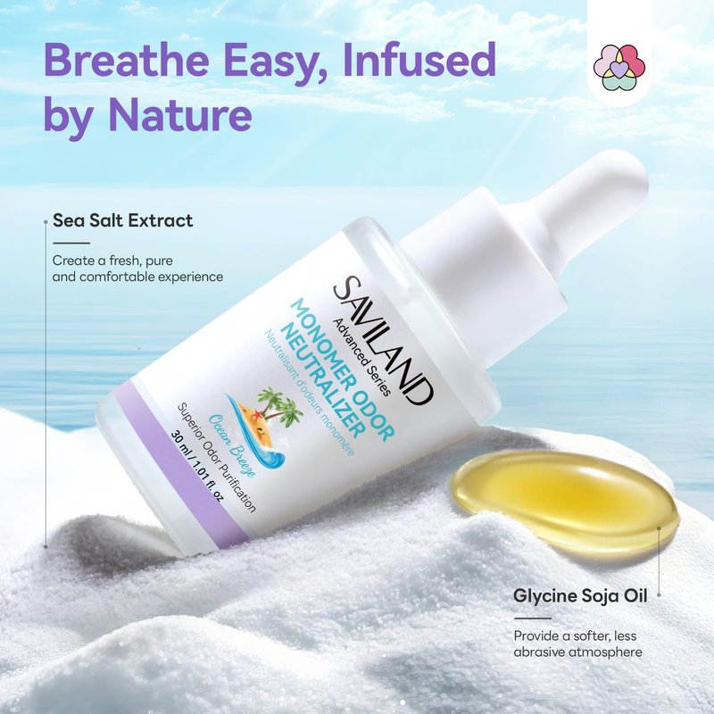 SAVILAND EMA Monomer Acrylic Nail Liquid Set: 200 ml Non Yellowing Acrylic Liquid with 30 ml Ocean Breeze Monomer Odor Neutralizer Drops for Acrylic Powder Nail Art Home DIY & Salon Use