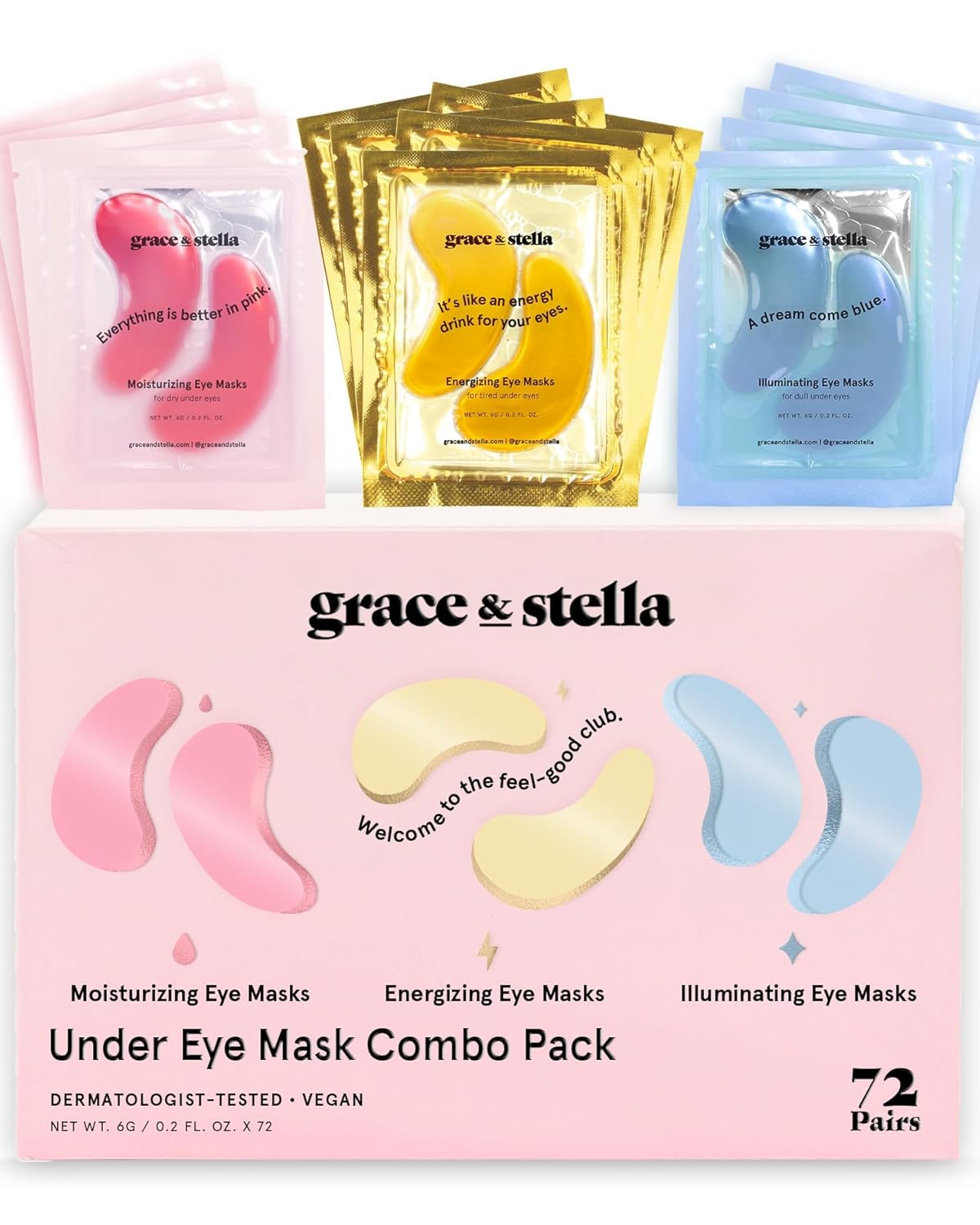 Under Eye Mask - Dark Circle & Puffiness Reduction Gel Patches | Vegan, Cruelty-Free (72 Pairs, Gold, Pink, Blue)