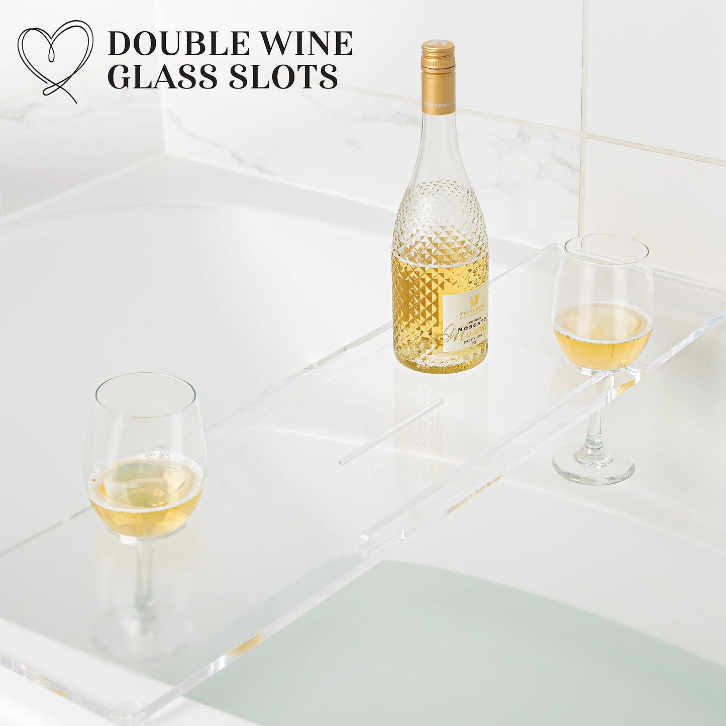 Rebecca Luxurious Bath 34" Supreme Plus- Luxury Bathtub Tray Caddy- 3/8" Thick, Clear Bath Tub Tray Table for 1 or 2 Bathers, Acrylic Bathtub Caddy, iPad and 2 Wine Glass Holders (Supreme Plus, 34")