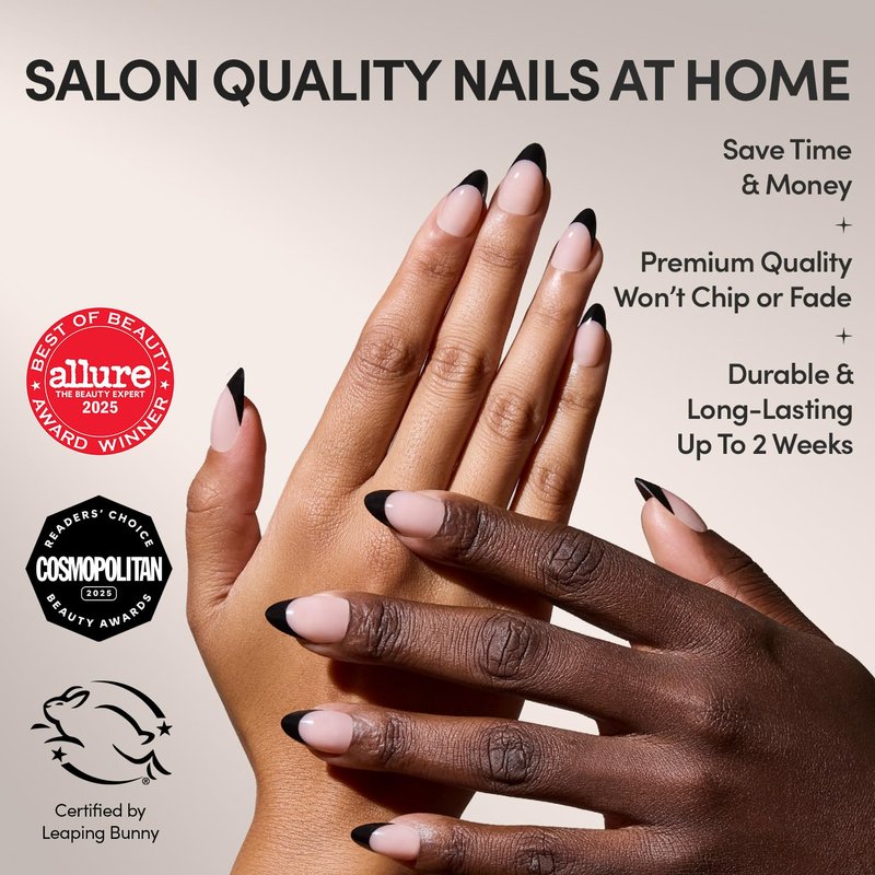 Glamnetic Press On Nails - Caviar | Salon Quality Semi-Transparent Short Almond | 30 Nail Kit with Glue, 15 Sizes