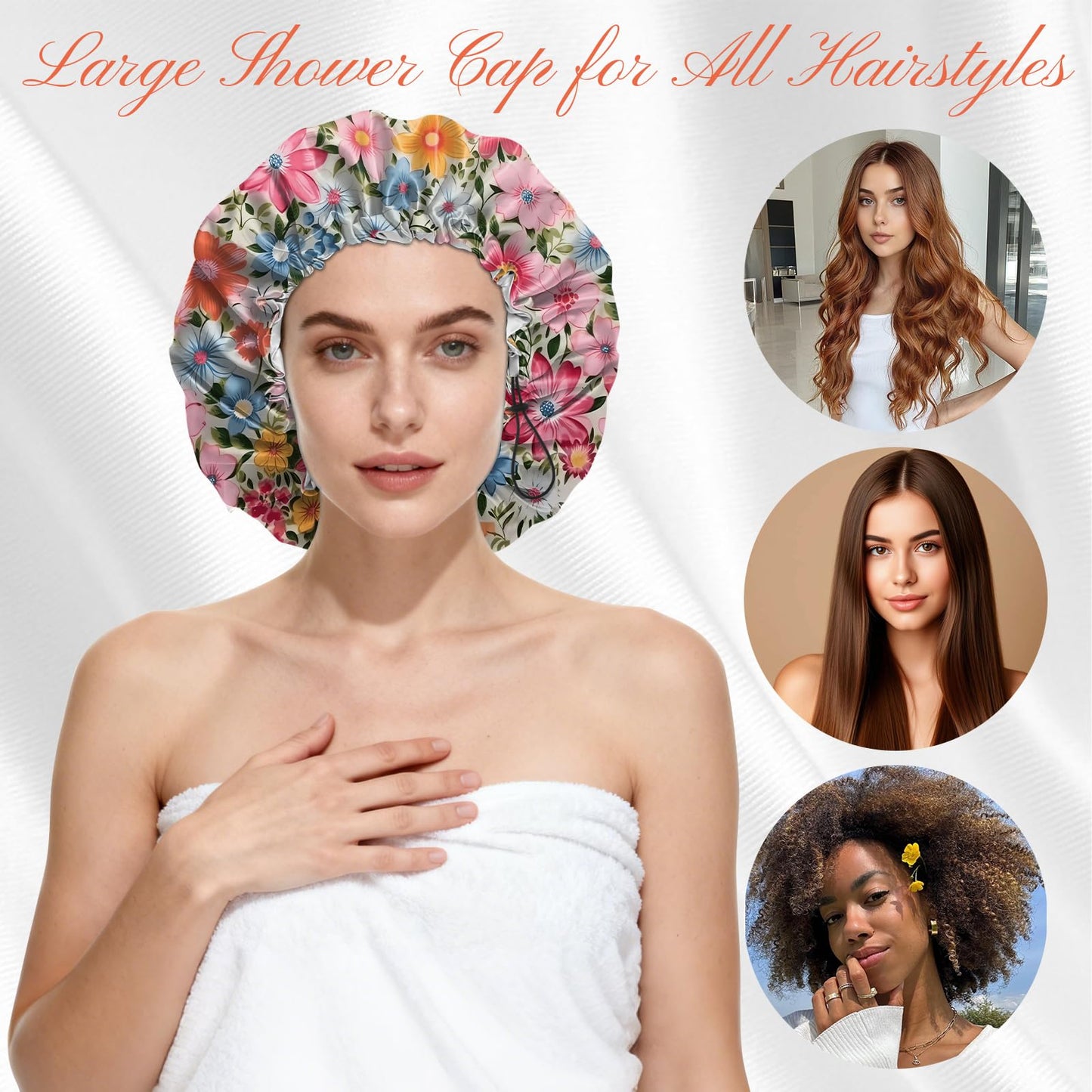 BHAHB Shower Cap Reusable Double Layer Adjustable Elastic Waterproof EVA Hair Bath Caps for Women Girls Cute Aesthetic-Flowers