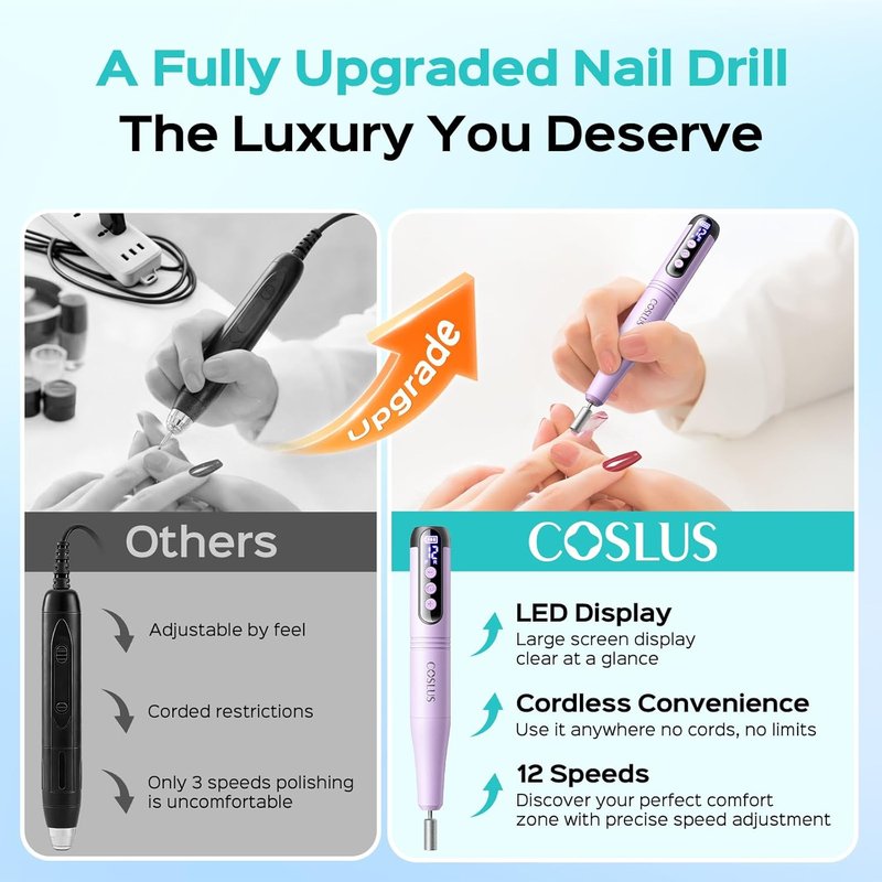 COSLUS C50 Cordless Electric Nail Drill - 12-Speed Professional Nail File with LED Display for Gel Removal & Nail Art | Portable Purple Design