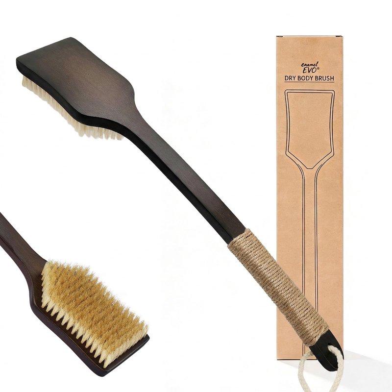 ENAMELEVO Back Scrubber Shower Brush,Dry Brushing Body Brush with 17.7 Inch Curved Long Handle, Natural Bristles for Lymphatic Drainage, Soft & Stiff Bristles Available (Natural Fiber, Soft)