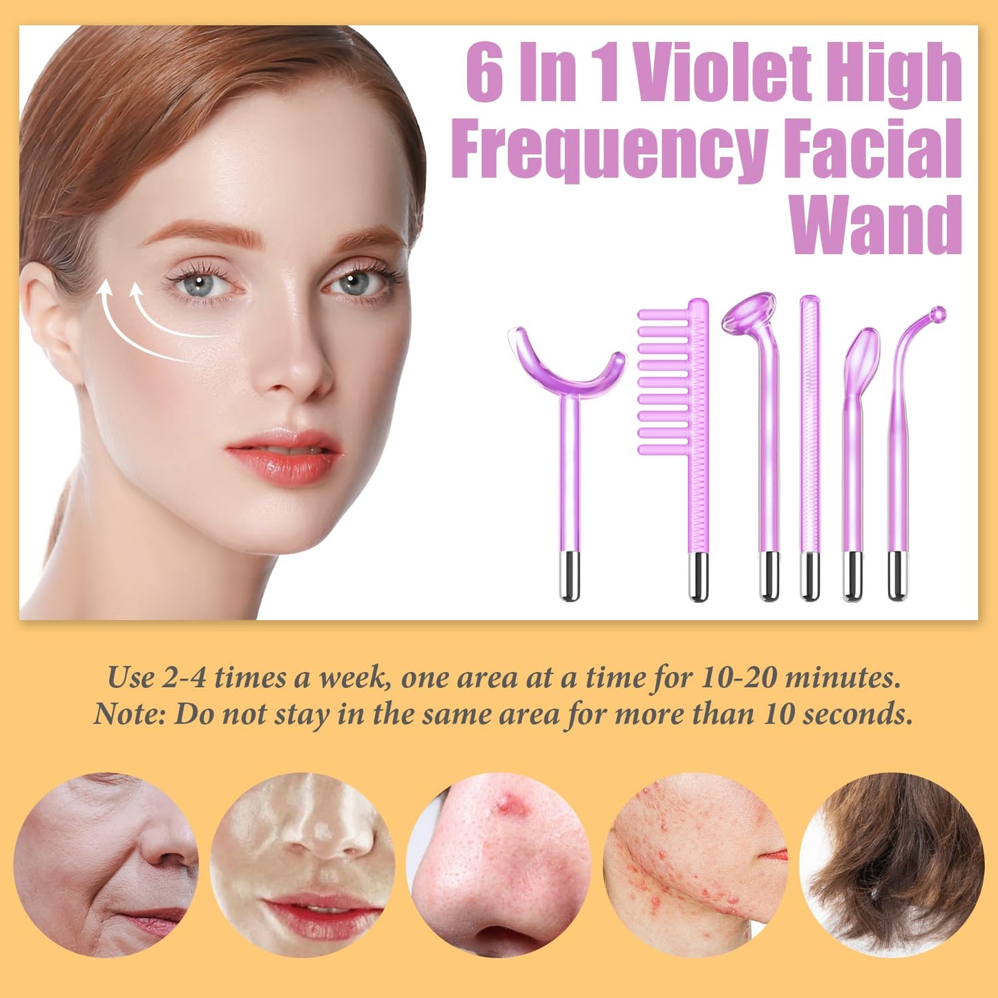 Uaike High Frequency Facial Wand - 6-in-1 Portable Handheld Device with 6 Purple Glass Tubes for Skin, Neck, Body & Hair Care