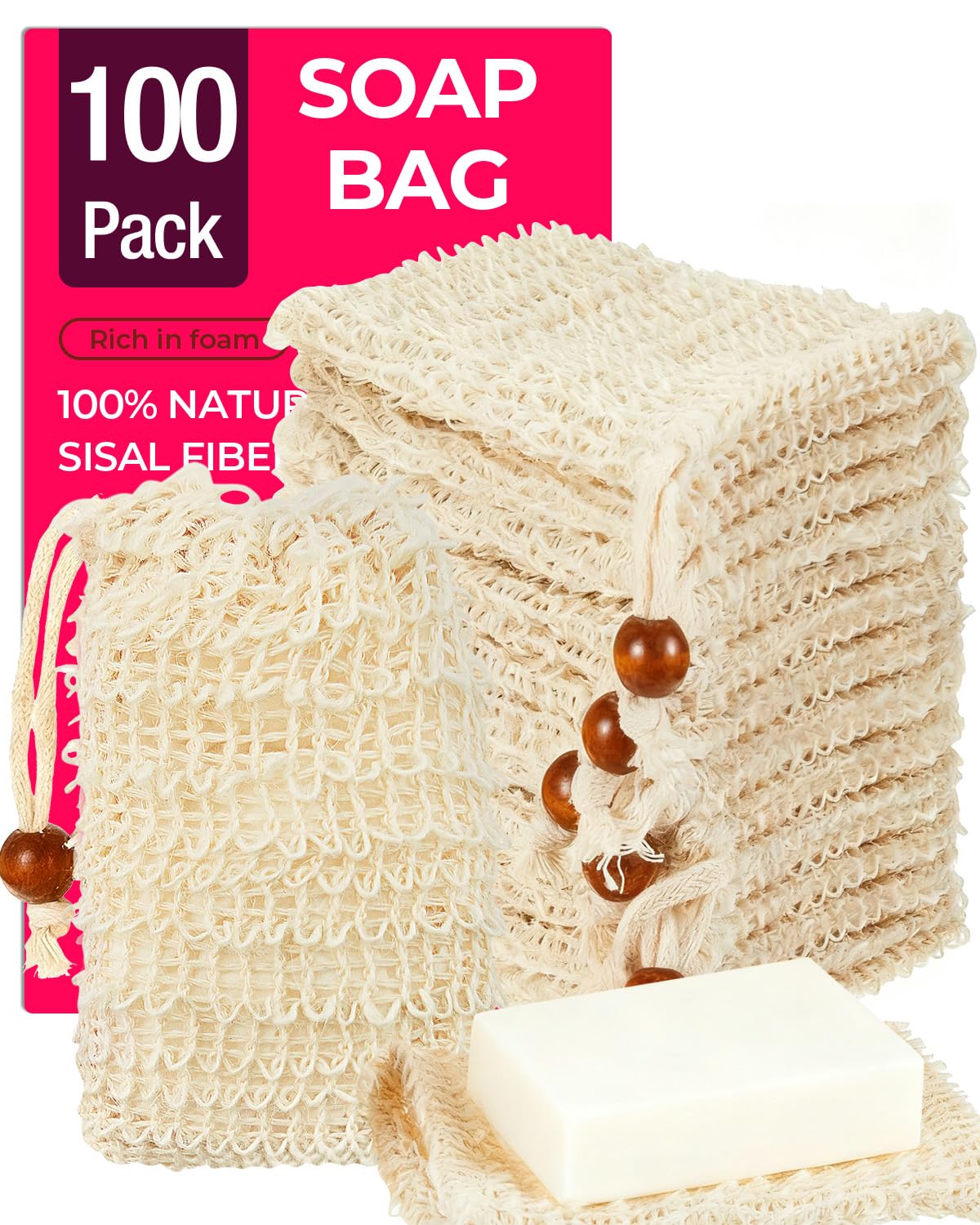 XYCCRX 100 Pcs Soap Bags with Drawstring, 5.3'' x 3.7'' Natural Soap Savers for Bar Soap Exfoliating Sisal Mesh Soap Bags for Soap Bars, Scrubbing & Massaging Shower Pouches for Men & Women