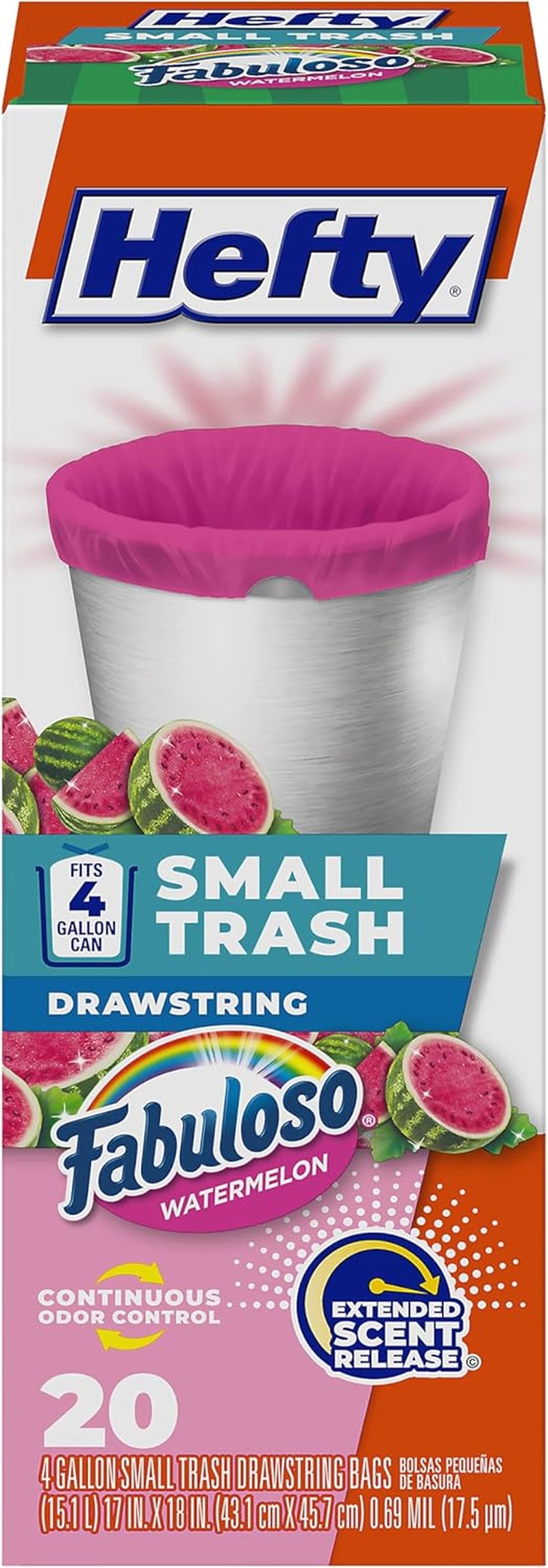 Hefty Small Trash Bags, 4 Gallon, Pink, Fabuloso Watermelon Scented Garbage Bags with Drawstring Closure, 20 Bags