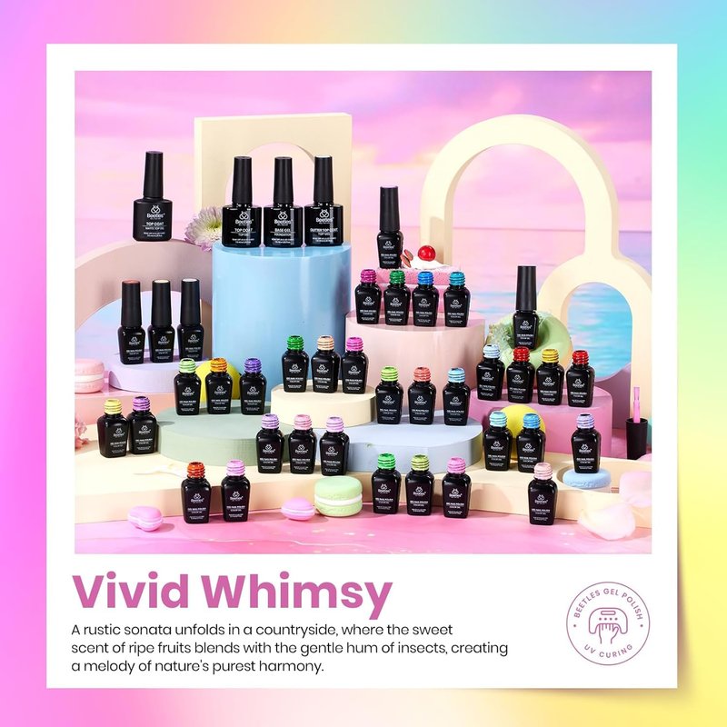 Beetles Summer Gel Polish Set - 36 Colors Neon Pastel Rainbow Bright Color Gel Polish Set with Base Coat Glossy Matte & Glitter Top Coat Pink Red Yellow Manicure Vivid Whimsy Summer Gifts for Women