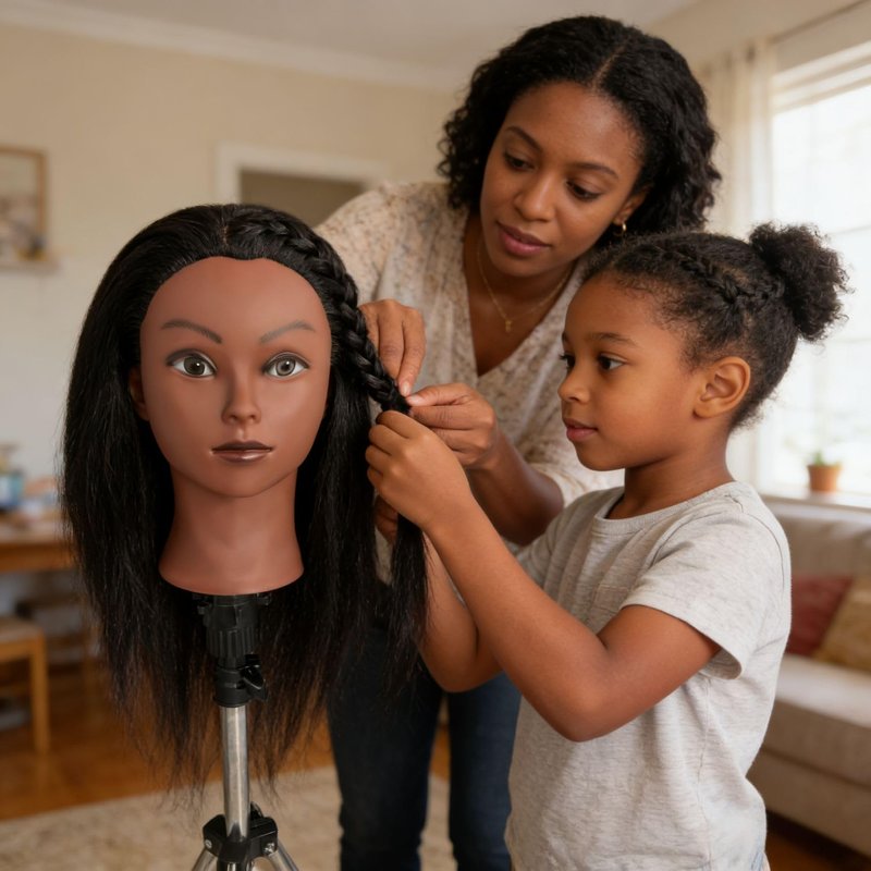 16" Black Mannequin Head with 100% Real Hair, Cosmetology Doll Training Mannequin Head for Hair Styling, Braiding Mannequin Head with Stand
